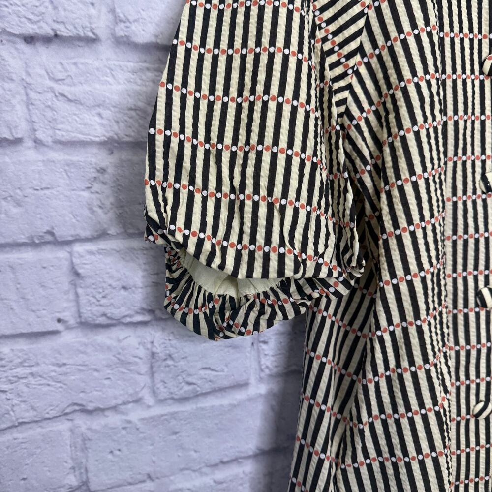 THML Puff Sleeve Stripe Dress Size M Black Yellow Dot Mini Shirt Button Pockets - Picture 4 of 8